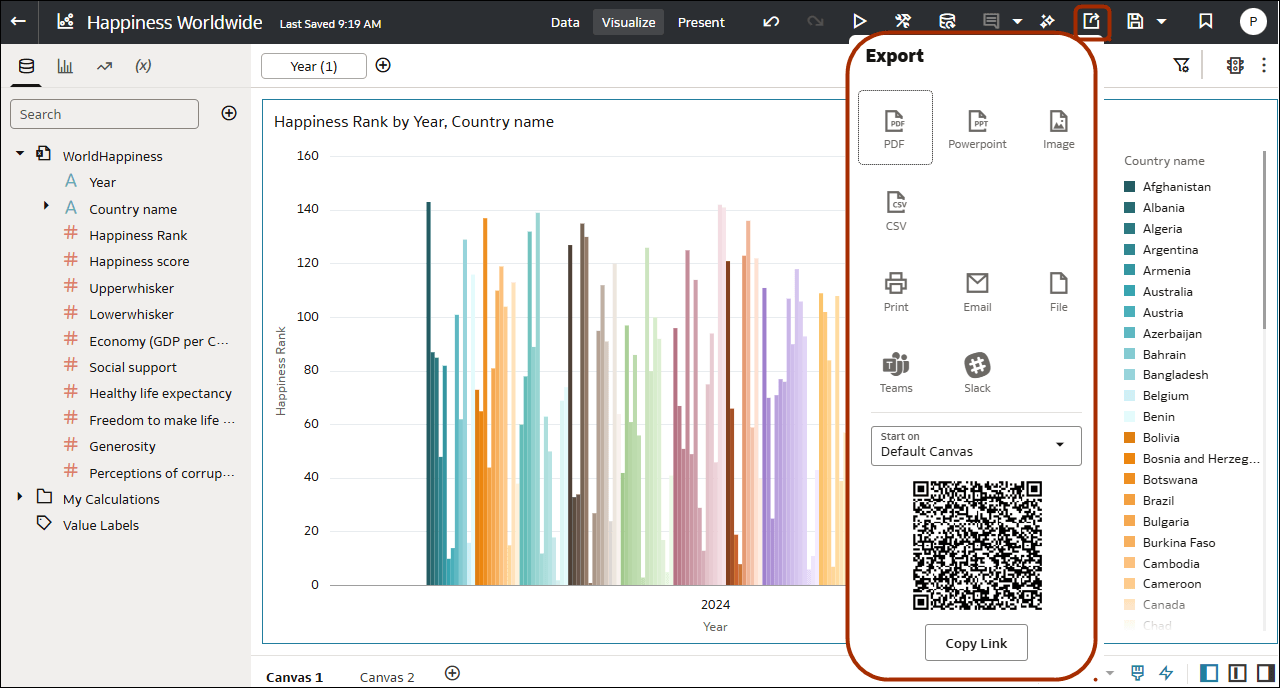 Export menu offers social channels