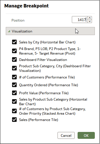 Use the Manage Breakpoint dialog to exclude or include visualizations and dashboard filters from the canvas for this breakpoint. Use the Manage Breakpoint dialog to exclude or include visualizations and dashboard filters from the canvas for this breakpoint.