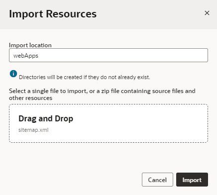 Import Resources dialog showing a blank Import location field and the sitemap.xml selected for import Import Resources dialog showing a blank Import location field and the sitemap.xml selected for import