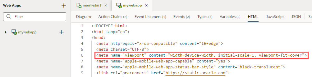 View of the HTML editor for mywebapp, with the name and content meta tags highlighted View of the HTML editor for mywebapp, with the name and content meta tags highlighted