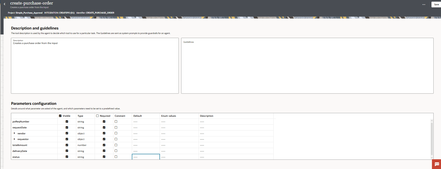 The Tools details page has a Description and guidelines section and a Parameters configuration section. In the Description and guidelines section, there are two text fields Description, Guidelines. In the Parameters configuration section, there is a parameter table listing all parameters for the tool. The first column contains the parameter name, and subsequent columns are Visible, Type, Required, Constant, Default, Enum Values, Description.