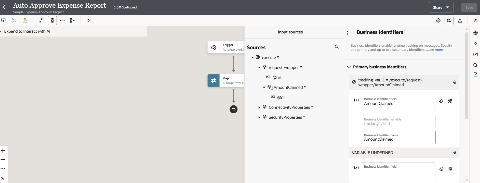 The Sources section shows TemplateParameters expanded. The AmountClaimed element has been dragged to the Business identifier name field. Above this field is the Business identifier variable field with tracking_var_1 as the value. Above this is the Business identifier field with a value of name. Two icons appear to the right of this field. All these fields are in the Primary business identifiers panel. The Sources section shows TemplateParameters expanded. The AmountClaimed element has been dragged to the Business identifier name field. Above this field is the Business identifier variable field with tracking_var_1 as the value. Above this is the Business identifier field with a value of name. Two icons appear to the right of this field. All these fields are in the Primary business identifiers panel.