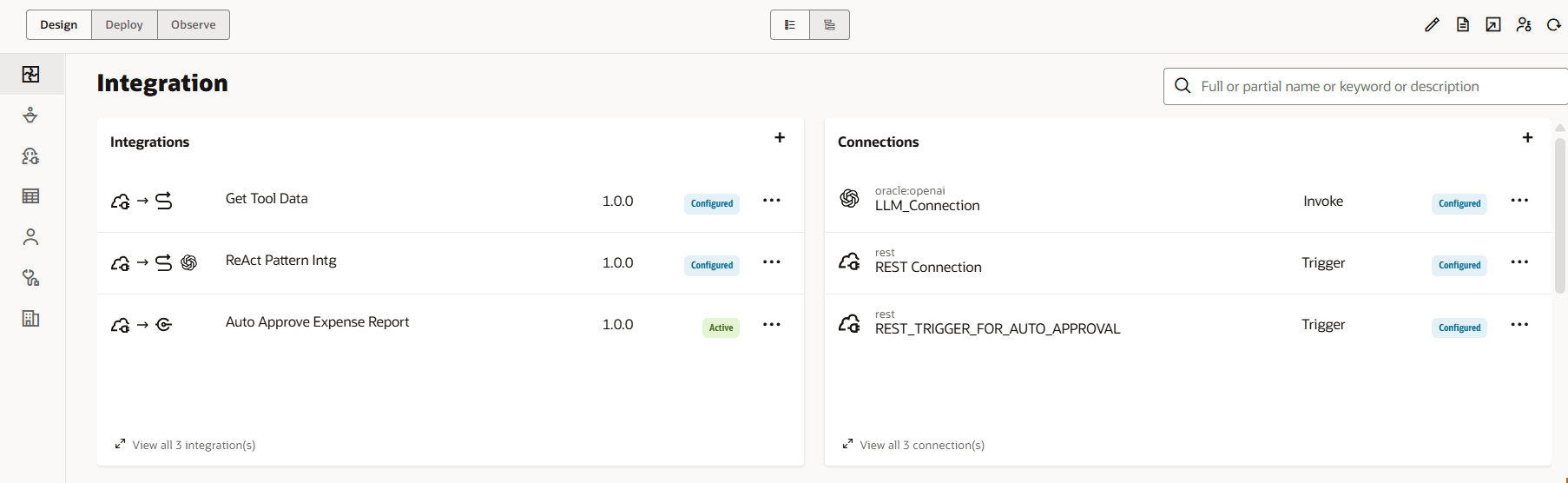 Integrations panel with three integrations: "Get Tool Data," "ReAct Pattern Intg," and "Auto Approve Expense Report." Each integration is version 1.0.0 and configured, with "Auto Approve Expense Report" marked as active. The Connections panel on the right lists "LLM_Connection" (invoke), "REST Connection" (trigger), and "REST_TRIGGER_FOR_AUTO_APPROVAL" (trigger), all configured. There are search and navigation options at the top. Integrations panel with three integrations: "Get Tool Data," "ReAct Pattern Intg," and "Auto Approve Expense Report." Each integration is version 1.0.0 and configured, with "Auto Approve Expense Report" marked as active. The Connections panel on the right lists "LLM_Connection" (invoke), "REST Connection" (trigger), and "REST_TRIGGER_FOR_AUTO_APPROVAL" (trigger), all configured. There are search and navigation options at the top.