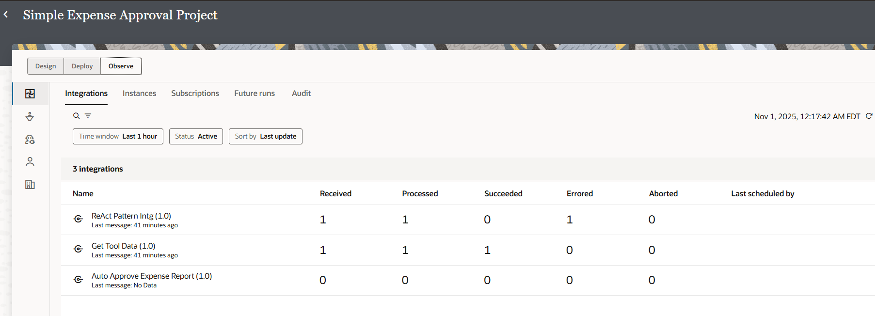 Observe tab of the Simple Expense Approval Project, Integrations. The Integrations tab displays statistics for three integrations: ReAct Pattern Intg, Get Tool Data, and Auto Approve Expense Report, each with columns for received, processed, succeeded, errored, and aborted messages. ReAct Pattern Intg has a 1 under Errored. Observe tab of the Simple Expense Approval Project, Integrations. The Integrations tab displays statistics for three integrations: ReAct Pattern Intg, Get Tool Data, and Auto Approve Expense Report, each with columns for received, processed, succeeded, errored, and aborted messages. ReAct Pattern Intg has a 1 under Errored.