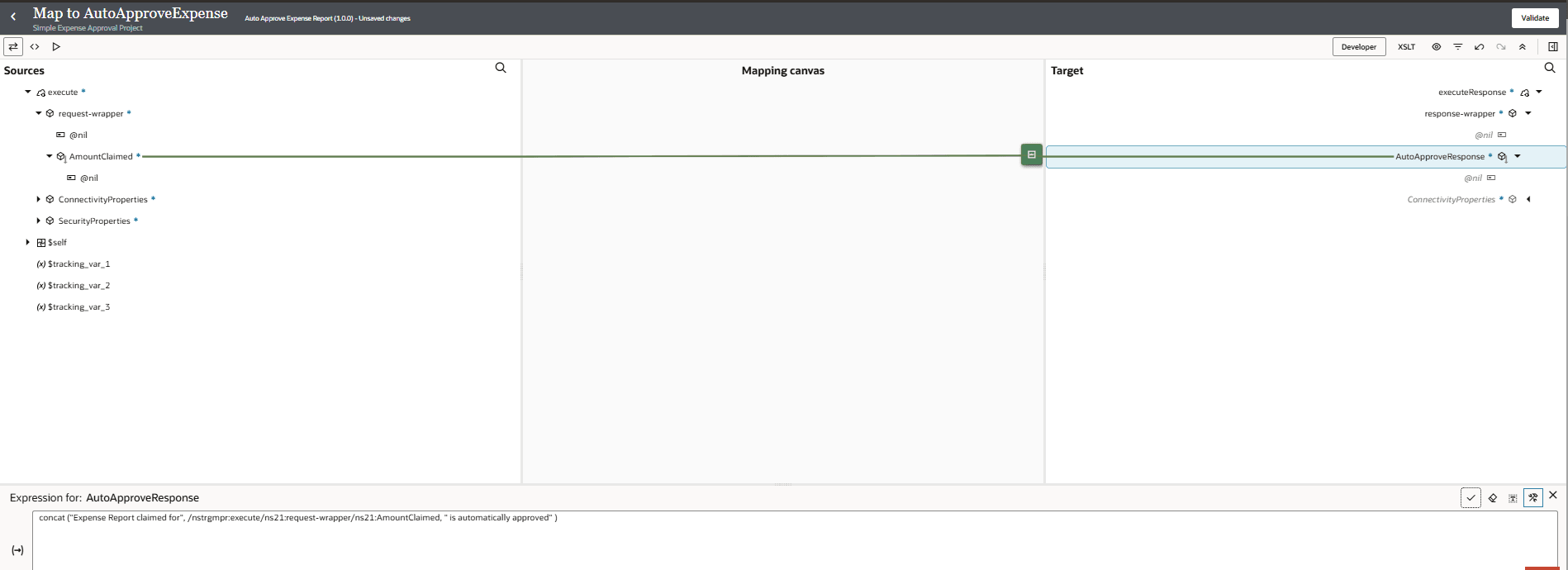 mapping editor screen showing "AmountClaimed" from the source mapped to "AutoApproveResponse" in the target. An expression for AutoApproveResponse concatenates a message with the claimed amount. The source, mapping canvas, and target panels are shown. mapping editor screen showing "AmountClaimed" from the source mapped to "AutoApproveResponse" in the target. An expression for AutoApproveResponse concatenates a message with the claimed amount. The source, mapping canvas, and target panels are shown.