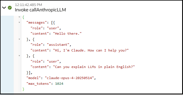 The activity stream shows the contents of the prompt sent through the invoke connection to Anthropic. The activity stream shows the contents of the prompt sent through the invoke connection to Anthropic.