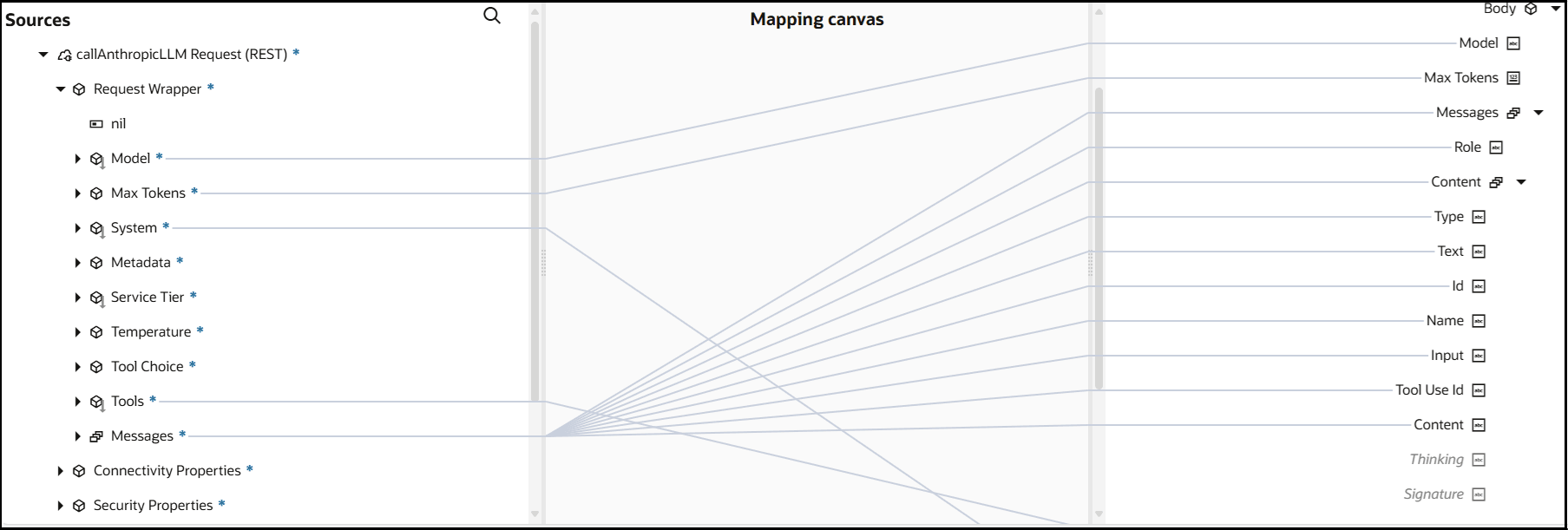 The Sources, Mapping canvas, and Target sections are shown. The source Model is mapped to the target Model. The source Max Tokens is mapped to the target Max Tokens. The source System is mapped to the target System. The source Tools is mapped to the target Tools. The source Messages is mapped to the subelements of the expanded target Messages. The Sources, Mapping canvas, and Target sections are shown. The source Model is mapped to the target Model. The source Max Tokens is mapped to the target Max Tokens. The source System is mapped to the target System. The source Tools is mapped to the target Tools. The source Messages is mapped to the subelements of the expanded target Messages.