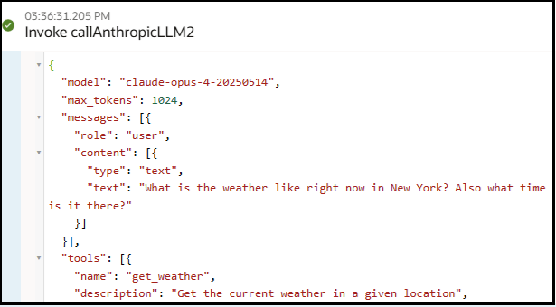 The activity stream shows the contents of the second prompt sent through the invoke connection to Anthropic. The activity stream shows the contents of the second prompt sent through the invoke connection to Anthropic.