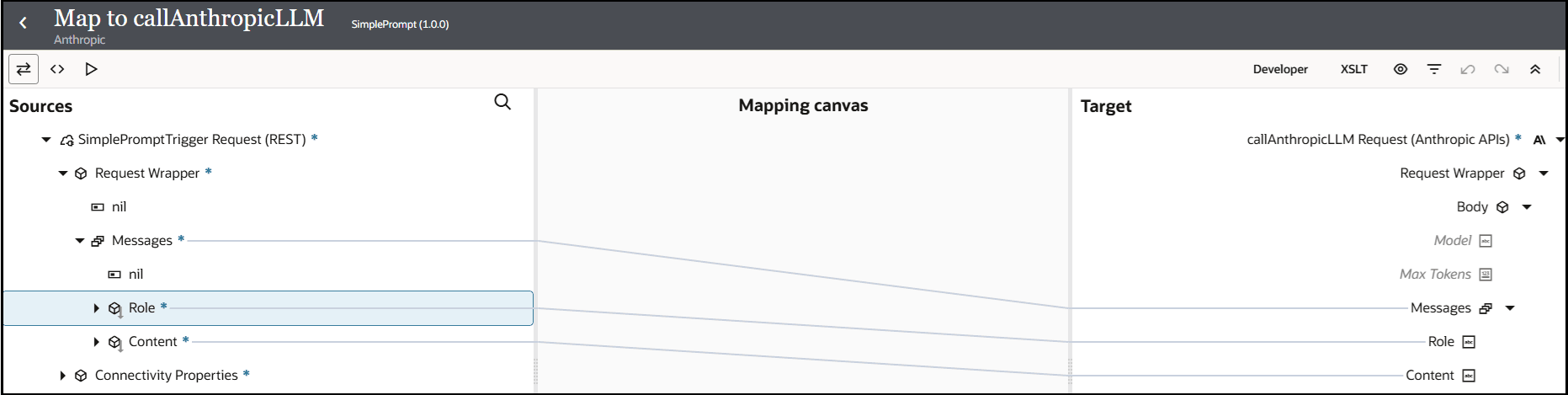 The Sources, Mapping canvas, and Target sections are shown. Role is mapped to Role and Content is mapped to Content. The Sources, Mapping canvas, and Target sections are shown. Role is mapped to Role and Content is mapped to Content.
