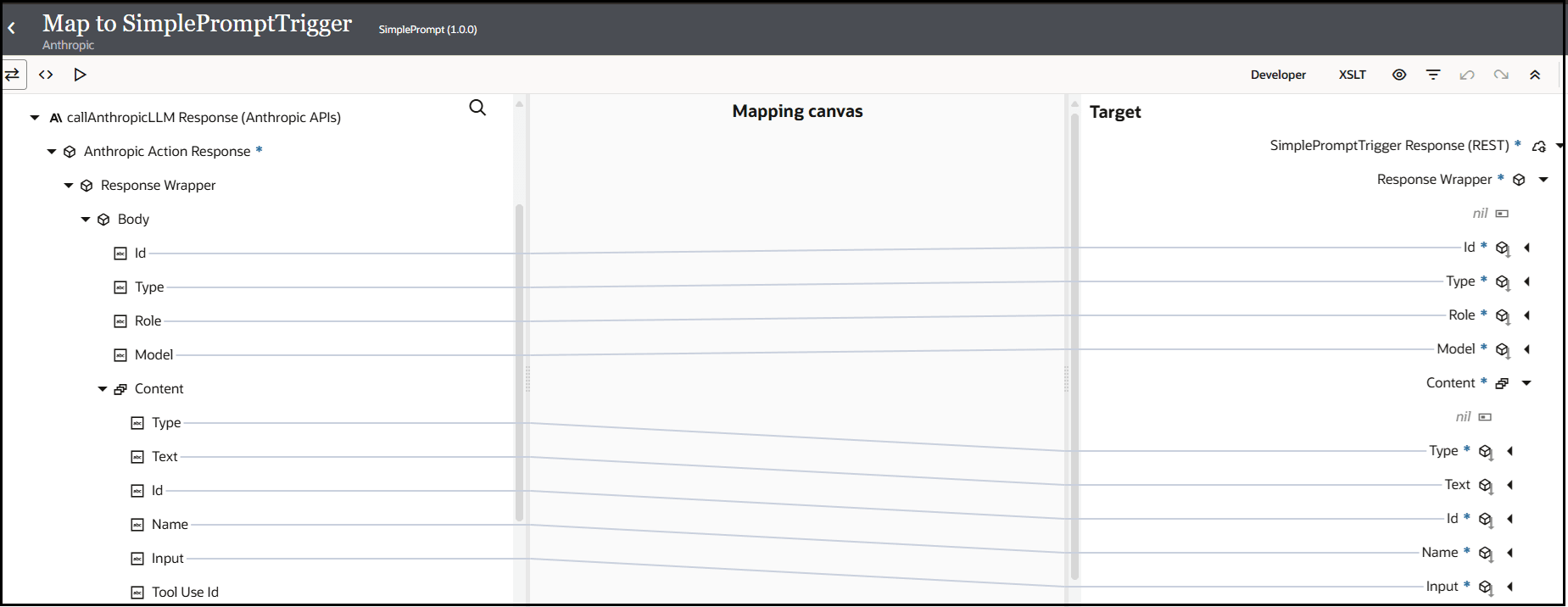 The Sources, Mapping canvas, and Target sections are shown. The target elements under Body are mapped to the source elements under Response Wrapper. The target elements under Content are mapped to the source elements under Content. The Sources, Mapping canvas, and Target sections are shown. The target elements under Body are mapped to the source elements under Response Wrapper. The target elements under Content are mapped to the source elements under Content.