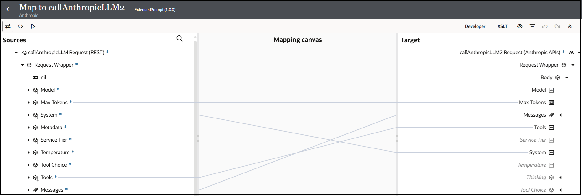 The Sources, Mapping canvas, and Target sections are shown. The source Model is mapped to the target Model. The source Max Tokens is mapped to the target Max Tokens. The source System is mapped to the target System. The source Tools is mapped to the target Tools. The source Messages is mapped to the target Messages. The Sources, Mapping canvas, and Target sections are shown. The source Model is mapped to the target Model. The source Max Tokens is mapped to the target Max Tokens. The source System is mapped to the target System. The source Tools is mapped to the target Tools. The source Messages is mapped to the target Messages.