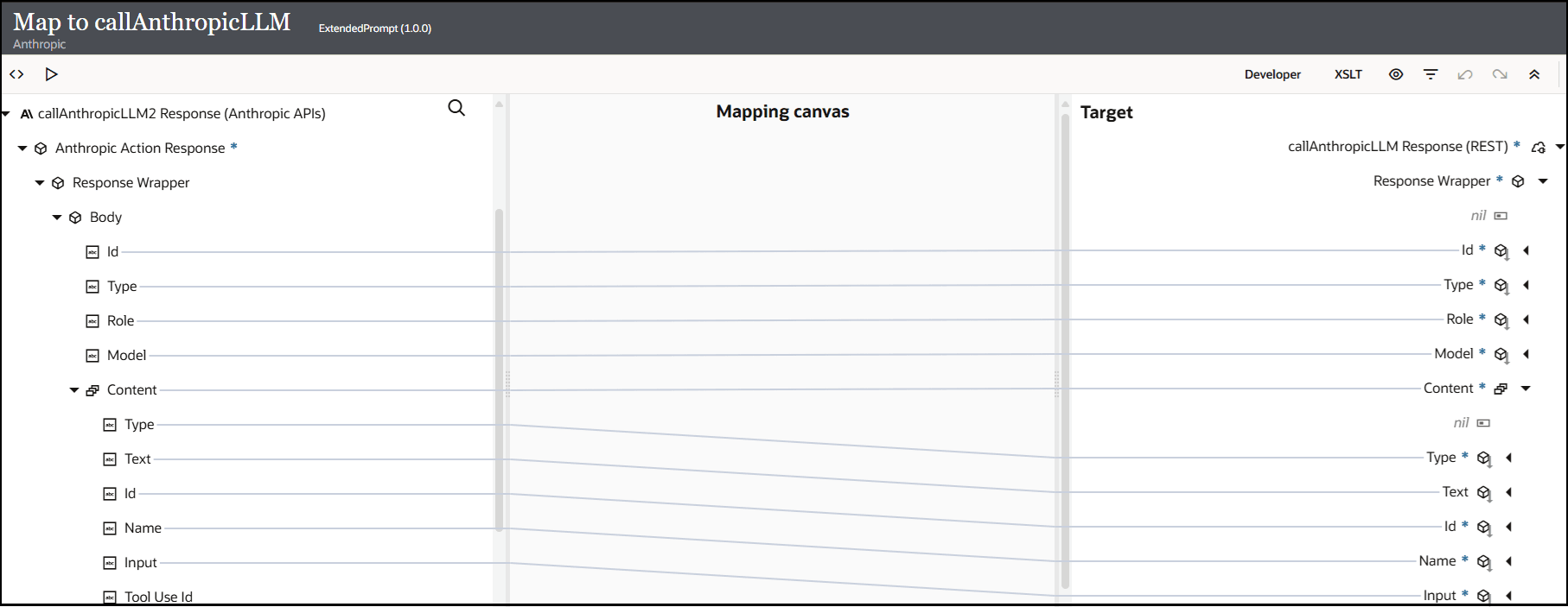 The Sources, Mapping canvas, and Target sections are shown. The elements of the source Body are mapped to the elements of the target Response Wrapper. The source Max Tokens is mapped to the target Max Tokens. The elements of the source Content are mapped to the elements of the target Content. The Sources, Mapping canvas, and Target sections are shown. The elements of the source Body are mapped to the elements of the target Response Wrapper. The source Max Tokens is mapped to the target Max Tokens. The elements of the source Content are mapped to the elements of the target Content.