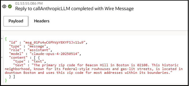 The payload in the activity stream shows the contents of the response message returned by Anthropic. The payload in the activity stream shows the contents of the response message returned by Anthropic.