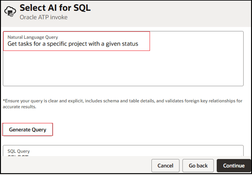 The Select AI for SQL page is shown. Text has been added to the Natural Language Query field. Below this is the button for Generate Query.
