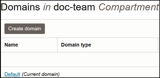 The Domains page shows a Create domain button. Below this is a table with columns for Name and Domain type. Below this is a link to the current domain. The Domains page shows a Create domain button. Below this is a table with columns for Name and Domain type. Below this is a link to the current domain.