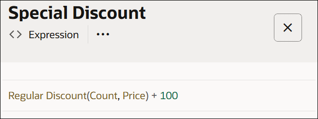 The image shows an Expression decision named Special Discount. The value entered in the expression field is Regular Discount(Count,Price) + 100.