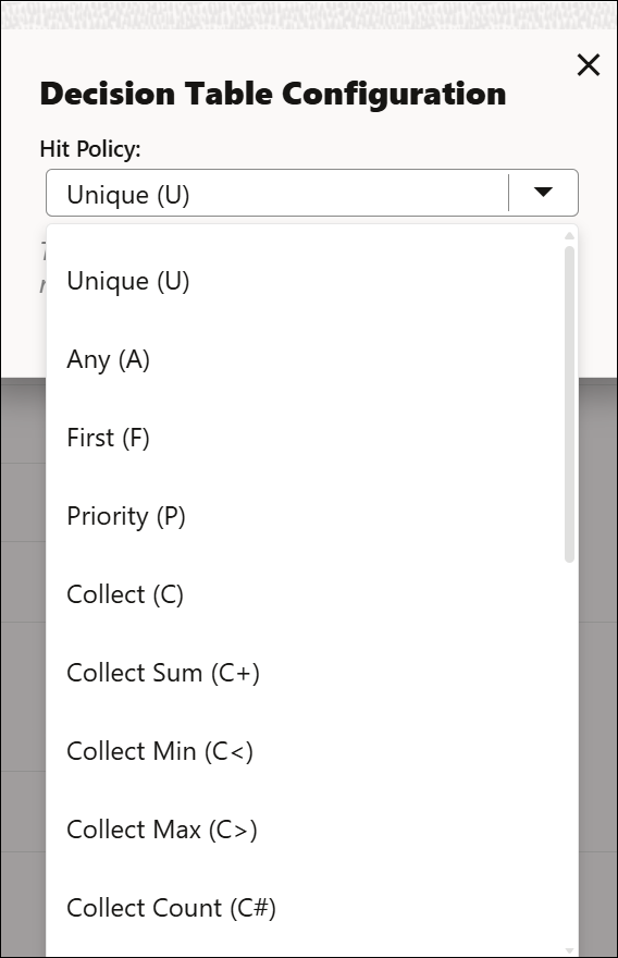 The image shows the expanded Hit Policy drop-down list. The options available in the list are Unique, Any, First, Priority, Collect, Collect Sum, Collect Min, Collect Max, and Collect Count.