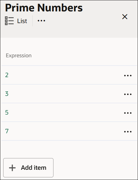 The image shows a List decision called Prime Numbers. The values entered for list entries from top to bottom are: 2, 3, 5, and 7. There is an Add item button at the bottom of the image.