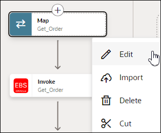 This image shows a Get_Order mapper icon being selected to display the Edit option. This image shows a Get_Order mapper icon being selected to display the Edit option.