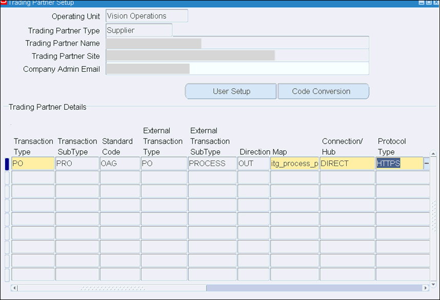 This image shows the Trading Partner Setup form. At the top of this form displays the following fields top to bottom: Operating Unit, Trading Partner Type, Trading Partner Name, Trading Partner Site, and Company Admin Email. Below there are User Setup and Code Conversion buttons. At the bottom shows the Trading Partner Details region which includes a table with the following columns from left to right: Transaction Type, Transaction Subtype, Standard Code, External Transaction Type, Direction, Map, Connection/Hub, Protocol Type, Protocol address, Username, and Password. This image shows the Trading Partner Setup form. At the top of this form displays the following fields top to bottom: Operating Unit, Trading Partner Type, Trading Partner Name, Trading Partner Site, and Company Admin Email. Below there are User Setup and Code Conversion buttons. At the bottom shows the Trading Partner Details region which includes a table with the following columns from left to right: Transaction Type, Transaction Subtype, Standard Code, External Transaction Type, Direction, Map, Connection/Hub, Protocol Type, Protocol address, Username, and Password.