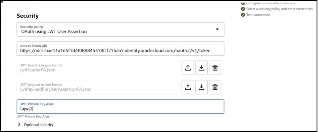 The Security section includes fields for Security policy, Access Token URI, JWT headers in json format, JWT payload in json format, and JWT Private Key Alias. Below this is the Optional security section that can be expanded. The Security section includes fields for Security policy, Access Token URI, JWT headers in json format, JWT payload in json format, and JWT Private Key Alias. Below this is the Optional security section that can be expanded.