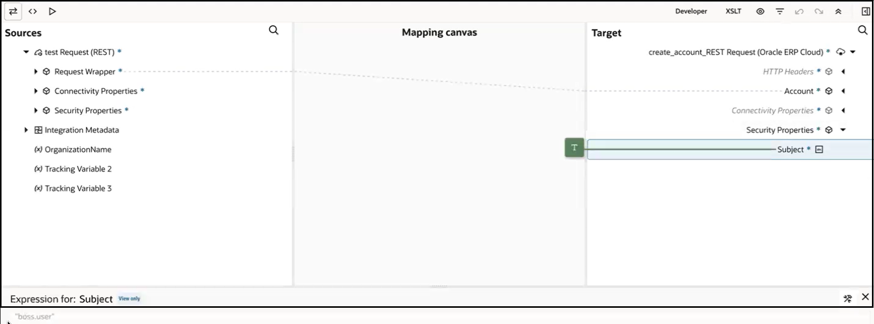 The Sources, Mapping canvas, and Target sections are shown. Request Wrapper is mapped to Account. The target Subject element is defined with a literal value of boss.user.