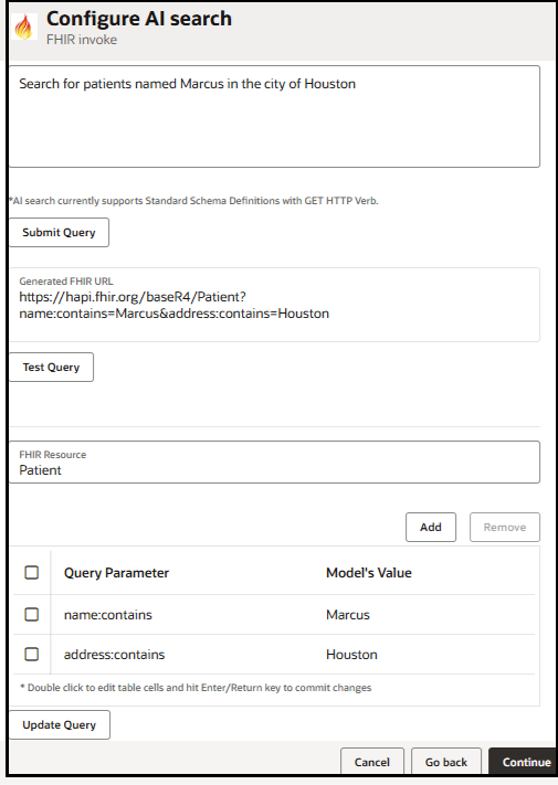 This image shows the Configure AI search page. The Select AI Engine list appears at the top. Below this is the text description box where you enter queries, the Submit Query button, the Generated FHIR URL field, the Test Query button, the clickable message result of the query, the FHIR Resource field, the generated query parameters and their model values, and the Add and Remove buttons for editing the parameters. Below this are the Cancel, Go back, and Continue buttons.