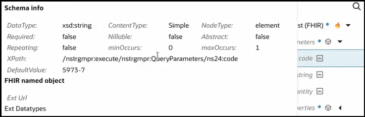 The Schema info popup message is shown. This message shows the Data Type, Required, Repeating, XPath, and Default Value fields. The FHIR named object label also appears.