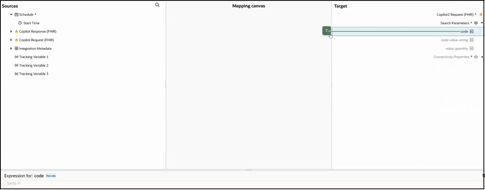 This image shows the Sources, Mapping canvas, and Target sections of the mapper. The target code element is selected. A "T" icon is shown. At the bottom, the Expression Builder shows the assigned default value for this element.