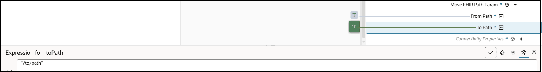 The To Path target element is set with a literal value shown in the Expression Builder at the bottom.