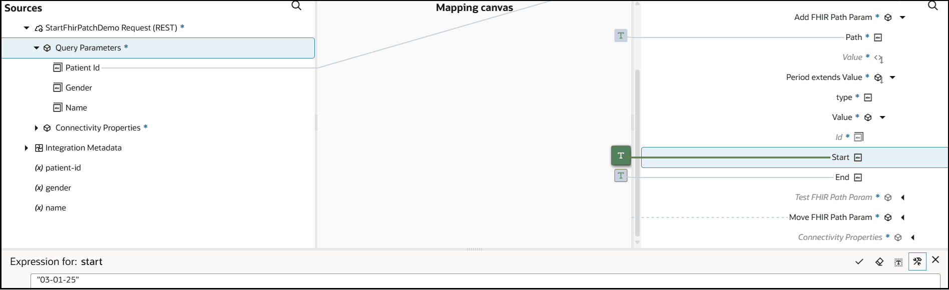 The mapper shows the Sources, Mapping canvas, and Targets section. Source elements are mapped to target elements. The Start target element is set with a literal value shown in the Expression Builder at the bottom.