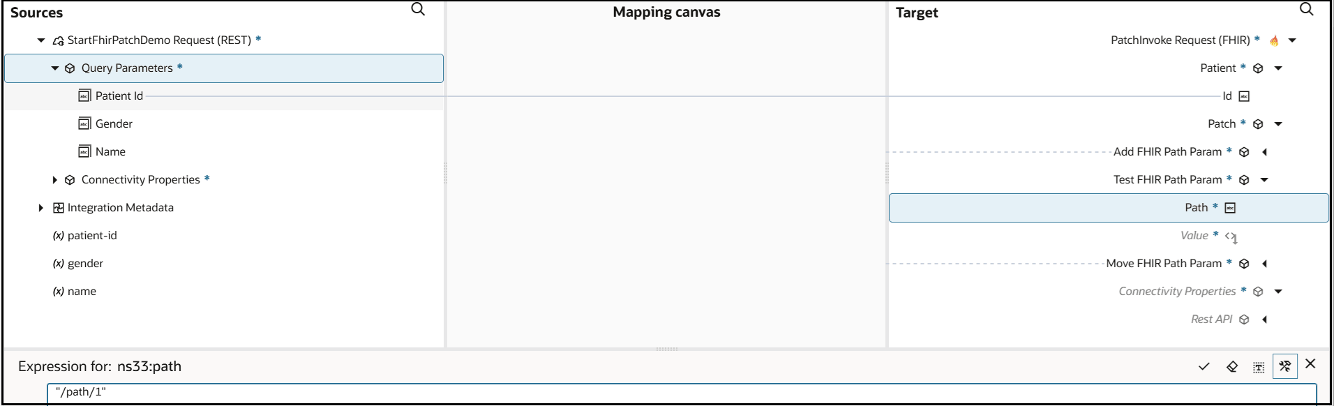 The mapper shows the Sources, Mapping canvas, and Targets section. Source elements are mapped to target elements. The Path element is set with a literal value shown in the Expression Builder at the bottom.