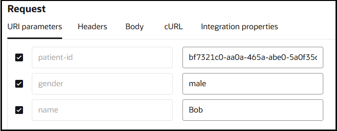 The Request section shows tabs for URI parameters (which is selected), Headers, Body, cURL, and Integration properties. A table shows three parameters and their values.