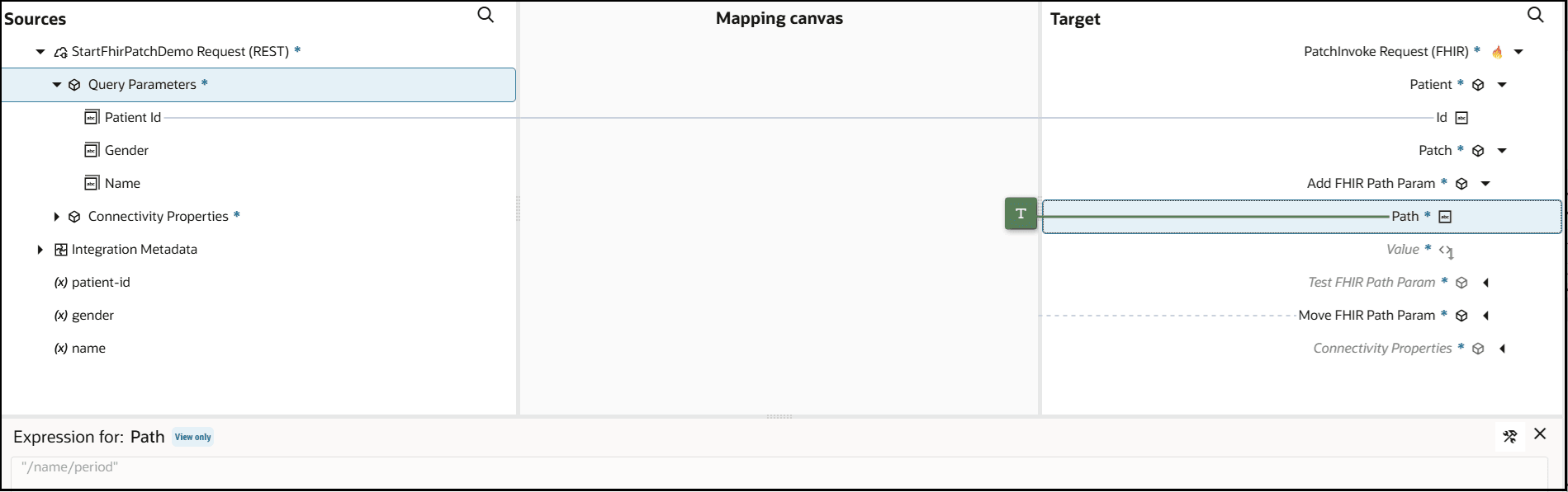 The mapper shows the Sources, Mapping canvas, and Targets section. Source elements are mapped to target elements. The Path target element is set with a literal value shown in the Expression Builder at the bottom.