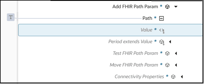 The Add FHIR Path Param target element is expanded to show the Path, Value, and Period extends Value elements.