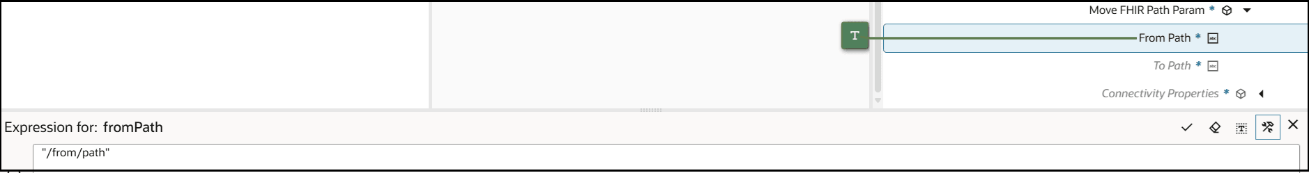 The From Path target element is set with a literal value shown in the Expression Builder at the bottom.