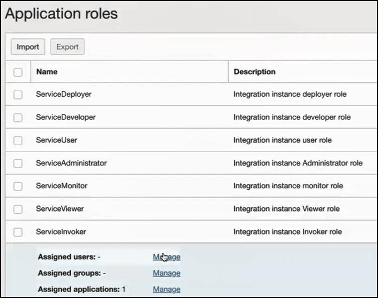 The Application roles page shows Import and Export buttons. Below this is a table with columns for Name and Description. The ServiceInvoker role is expanded to show entries for Assigned users, Assigned groups, and Assigned applications. Each entry includes a link named Manage.