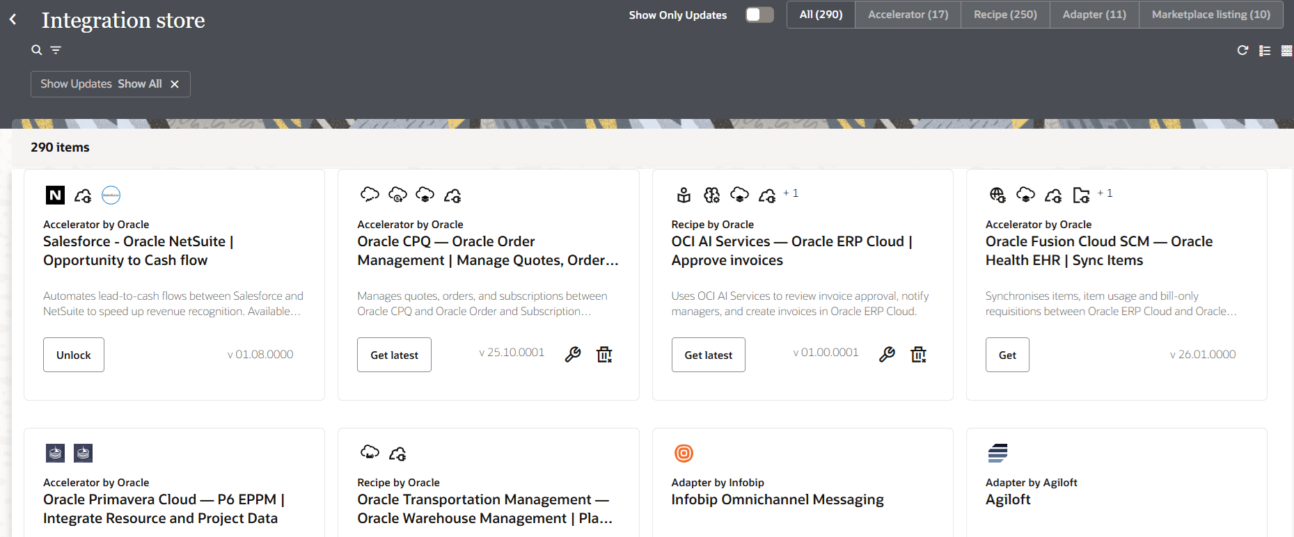 The Integration Store is shown with search, filter, and view tools. The header bar shows the Show Only Updates toggle and each available type (All, Accelerator, Recipe, Adapter, and Marketplace listing), along with the total number available with each type. The card view of the selected type is shown below.