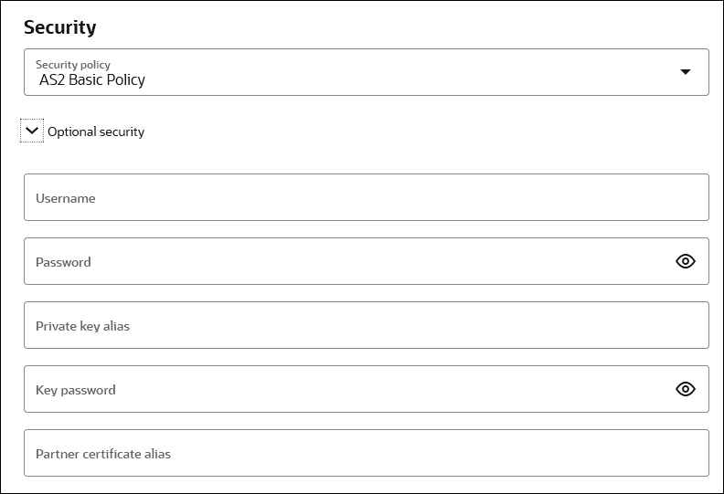 The Security section includes the Security Policy field (AS2 Basic Policy is selected), the Username field, the Password field, the Private Key Alias field, the Key Password field, and Partner Certificate Alias field. The Security section includes the Security Policy field (AS2 Basic Policy is selected), the Username field, the Password field, the Private Key Alias field, the Key Password field, and Partner Certificate Alias field.