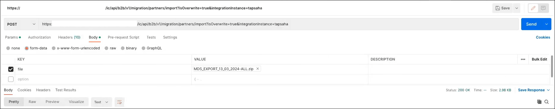 The Postman application is shown. The Body tab is selected and the Value column shows the selected ZIP file. The Send button is in the upper right corner. The Postman application is shown. The Body tab is selected and the Value column shows the selected ZIP file. The Send button is in the upper right corner.