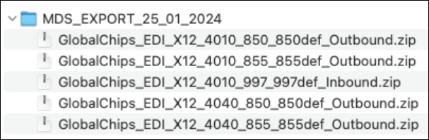 The ZIP file shows a top level soa folder, with a b2b subfolder that includes multiple selected active agreements. The ZIP file shows a top level soa folder, with a b2b subfolder that includes multiple selected active agreements.