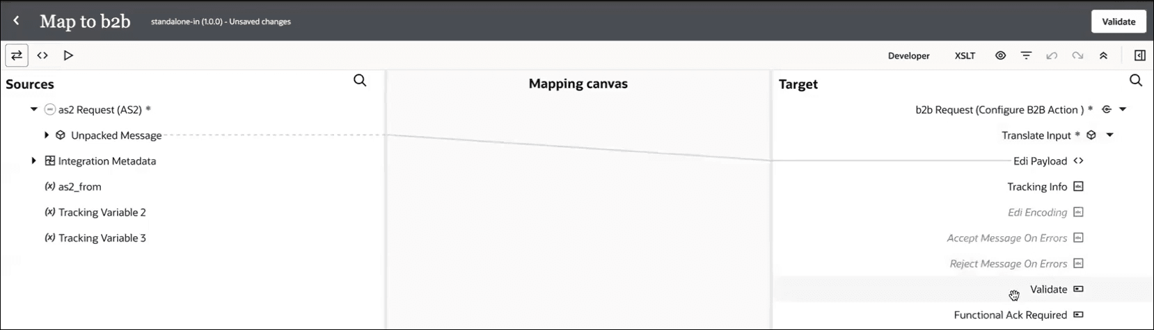 The mapper shows three icons at the top left. At the far right are links for Developer, XSLT, along with six icons. The Validate button appears above these icons. Below is the mapper, with sections for Sources, Mapper canvas, and Target. The mapper shows three icons at the top left. At the far right are links for Developer, XSLT, along with six icons. The Validate button appears above these icons. Below is the mapper, with sections for Sources, Mapper canvas, and Target.
