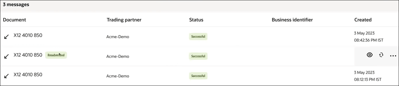 A table with columns for Document, Trading partner, Status, and Business identifier. The image shows three business messages. A table with columns for Document, Trading partner, Status, and Business identifier. The image shows three business messages.