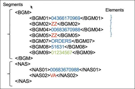 The XML format shows the segments BGM and NAS. Both segments consist of elements, each on their own row.