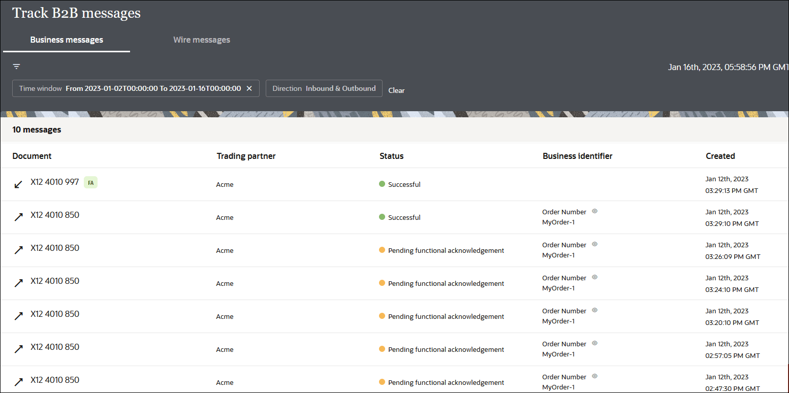 Usage Metrics, B2B Tracking (which is selected), and Integrations entries appear in the left navigation pane. The Track B2B Messages page is displayed. Below are tabs for Business Messages (which is selected) and Wire Messages. The number of messages are displayed below, along with two defined filters and the Clear button. Below this is a table with columns for Document, Trading Partner, Status, Business Identifier, and Created. Usage Metrics, B2B Tracking (which is selected), and Integrations entries appear in the left navigation pane. The Track B2B Messages page is displayed. Below are tabs for Business Messages (which is selected) and Wire Messages. The number of messages are displayed below, along with two defined filters and the Clear button. Below this is a table with columns for Document, Trading Partner, Status, Business Identifier, and Created.