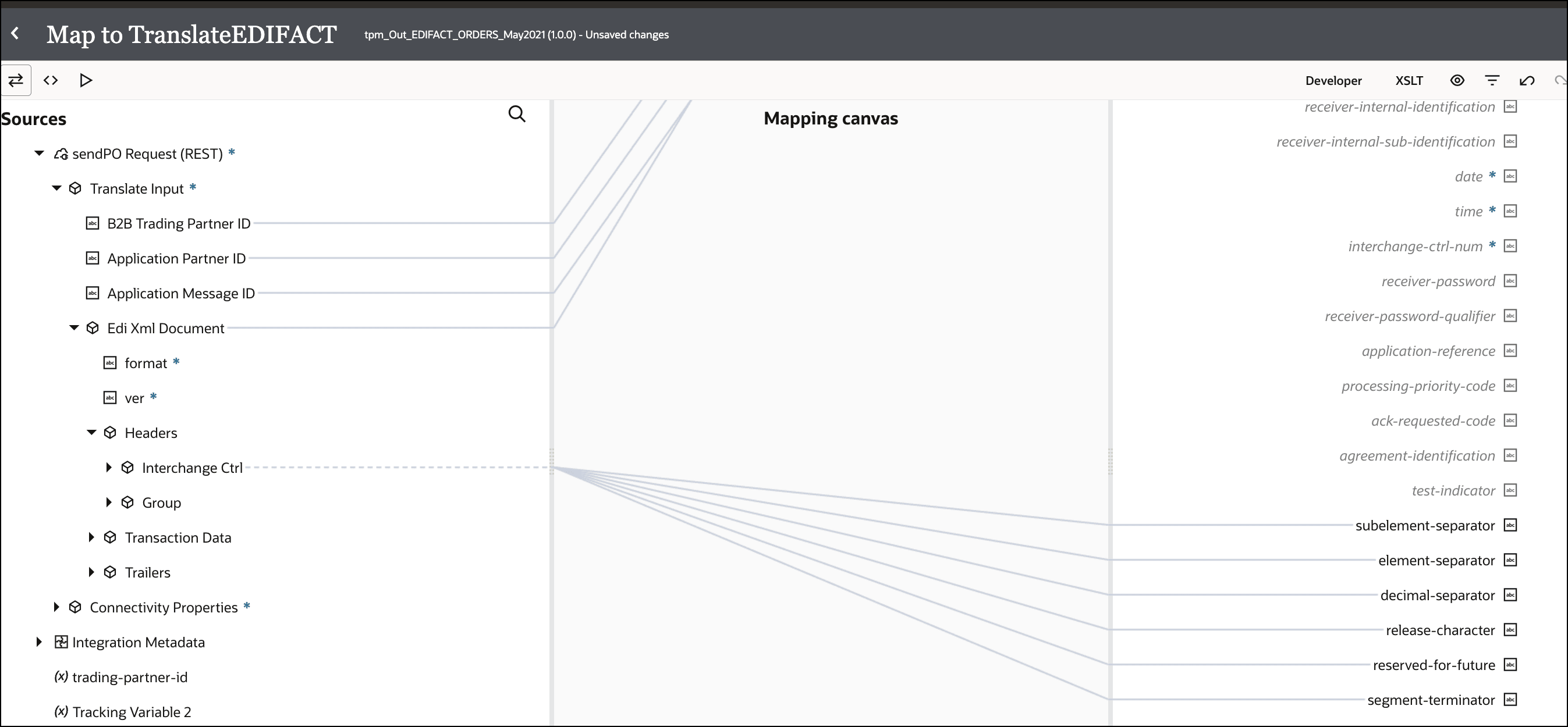 The Sources, Mapping canvas, and Target sections are shown. The source Translate Input elements are mapped to target elements. Under the source element Headers, Interchange-ctl is mapped to the target elements subelement-separator, element-separator,decimal-separator, release-character, reserved-for-future, and segment-terminator. The Sources, Mapping canvas, and Target sections are shown. The source Translate Input elements are mapped to target elements. Under the source element Headers, Interchange-ctl is mapped to the target elements subelement-separator, element-separator,decimal-separator, release-character, reserved-for-future, and segment-terminator.