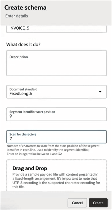 The Create schema panel showing the segment identifier start position as 9 and the scan for characters value as 7. The Create button is highlighted on the bottom right.