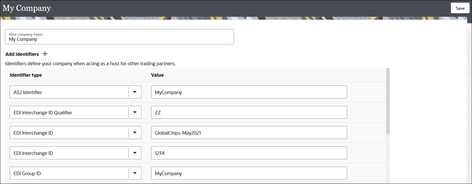 The Host Profile tab is shown. The Host Company Names field shows a value of Acme. Below this is the Add Identifiers section, with a + sign. Below this is a table with columns for Identifier Type lists and Value fields.
