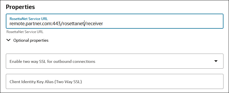 The Connection Properties section includes the RosettaNet Server UR field, Enable two way SSL for outbound connections field, and Client Identity Key Alias (Two Way SSL) field. The Connection Properties section includes the RosettaNet Server UR field, Enable two way SSL for outbound connections field, and Client Identity Key Alias (Two Way SSL) field.