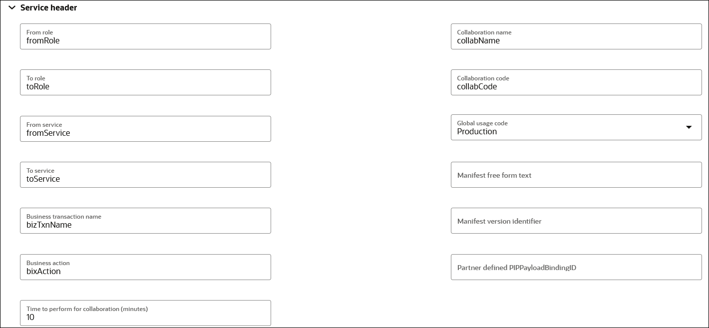 The Service header section shows fields for From role, To role, From service, To service, Business transaction name, Business action, Time to perform for collaboration (minutes), Collaboration name, Collaboration code, Global usage code, Manifest free-form text, Manifest version identifier, and Partner defined PIPPayloadBindingID. The Service header section shows fields for From role, To role, From service, To service, Business transaction name, Business action, Time to perform for collaboration (minutes), Collaboration name, Collaboration code, Global usage code, Manifest free-form text, Manifest version identifier, and Partner defined PIPPayloadBindingID.